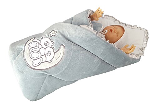 BlueberryShop Embroidered Velour Swaddle Wrap/Blanket Sleeping Bag for Newborn Baby, Grey
