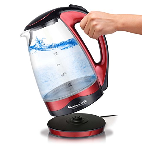TurboTronic Glas Wasserkocher 1,8 Liter mit LED Beleuchtung Blau (innen) BPA Frei, Leistung: 2200 Watt, Farbe: Rot-Metallic, inklusive Kalkfilter am Ausguss und 360° Basis-Station (kabellos), Edelstahl Bodenplatte mit nicht sichtbaren Heizelement - 2