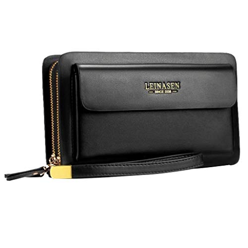 Preisvergleich Produktbild Herren GeldbRse Leder Mit DoppelreiVerschluss Brieftasche Business Handgelenktasche Portemonnaie Clutch Unterarmtasche Mit Handschlaufe Herrentasche Tasche Portmonee Schwarz / Braun / Geschenk Wallet,Black