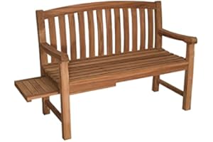 MR. DEKO® Lancaster Banc de jardin en teck | Banc en bois avec table latérale extensible | Banc frisé pour l'extérieur | 2 places 120 x 57 x 94 cm | Banc en teck massif et résistant aux intempéries
