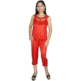 Indiatrendzs Women Satin Nightwear Red 3pc Set Honeymoon Robe, Top & Capri Set