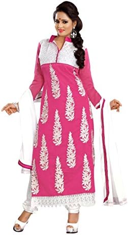 Triveni Women's Indian Pakistani Traditional Pink Colored Embroidered Chanderi Cotton Salwar Kameez