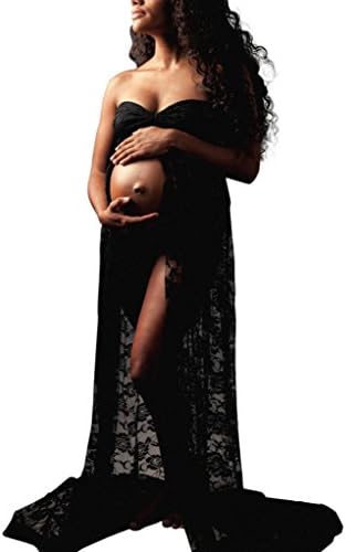 Sunday dress for Pregnant Women Lace Ankle Length Photography Maternity Dress Women Pregnants Off Shoulder Sleeveless Photo Shoot Props Pregnancy Maxi Dresses (XL Black)