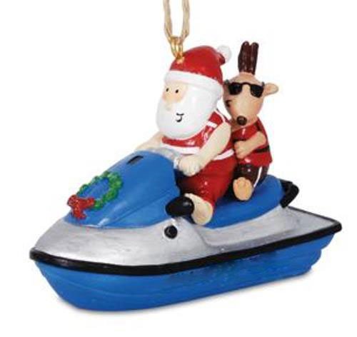 Jolly Santa On Jet Ski with Reindeer Christmas Holiday Ornament