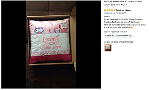 Amilian® Kissen 40 x 40 cm mit Namen Datum Eule rosa/ ROSA - 4