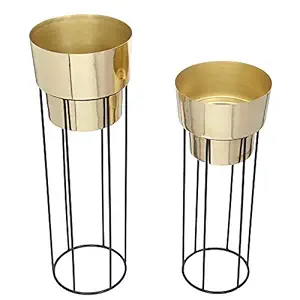 Kraft Seeds Presents Set of 2 Classy Golden Metal Planters with Strong Metal Stand for Home D