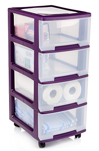 Bluespoon Rollwagen mit 4 Schüben | Gesamthöhe 58 cm | 4 Schubladen mit je 8 Liter | Schubladencontainer mit montierbaren Rollen | Endlos Stapelbarer Schubladenschrank mit Leichtlaufrollen lila