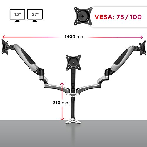 Duronic DM653 Monitor-Tischhalterung für drei LCD/LED Computer Bildschirme / Fernsehgeräte, mit Höhenverstellung durch Gasspannungsregelung / Neig, Schwenk und Rotierfunktion - 3