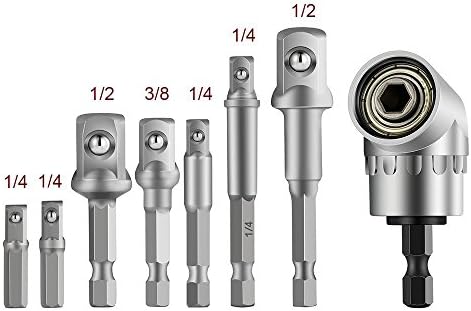 JelBo 8Pcs Socket Adapter Impact Hex Shank Drill Bits Bar Set 1/4" 3/8" 1/2" Bits + 1Pcs 105° 1/4" Right Angle Drill Adapter Attachment