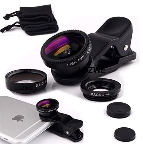 QOCXRRIN 3in1 Photo Lens 0.67X-Wide Angle, 180-Degree Fish Eye, 10X-Macro Lens Small Object Shot Lens Multi-Colour Compatible with i-Phone i-Pad Samsung HTC & Tablets