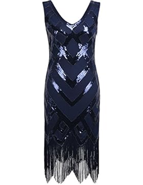 Kayamiya Damen 1920er V-Ausschnitt Pailletten Perlen Verschönerung Gatsby Flapper Kleid