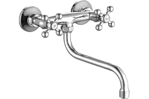 BAGNOCLIC Robinet Mural Vintage en Laiton Chromé – Poignées en Étoile, Bec Orientable, Raccords 1/2", Idéal pour Cuisine, Salle de Bain ou Buanderie