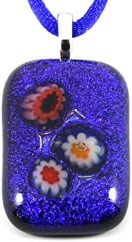 Handmade Dichroic Glass Pendant - Shades of Blue with Millefiori Flowers, 3cm x 2cm with Necklace &amp; Includes Gift Box