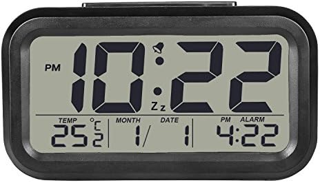 Qooltek Smart Alarm Clock Digital Large LCD Display with Automatically Adjust Brightness Sensor Light, Date, Calender, Temperature, Snooze, Multifunction Clock-Black