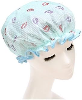 Bllomsem Shower Cap Women's Printed Waterproof Double Layer Elastic Band Spa Shower Hat Bathing Cap Blue