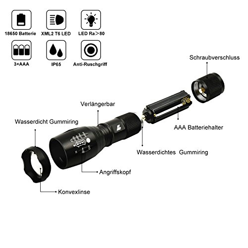 Taschenlampe LED | HoochTech 1000 Lumen wiederaufladbare Zoombar CREE XML2 T6 Handlampe | 5 Leuchtsmodis Einstellbar Fokus Wasserdicht Fahrradlampe mit 18650 Batterieabdeckung| Camping Außen Outdoor - 3