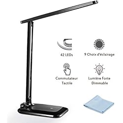 Lampe de Bureau LED, TOPELEK 42 LED Lampe de Chevet Tactile Flexible 5V Adaptateur Chargeur 3 Modes de Couleur 3 Niveaux de Luminosité Soin des Yeux Lampe de Table pour Travail, Lecture - Noir