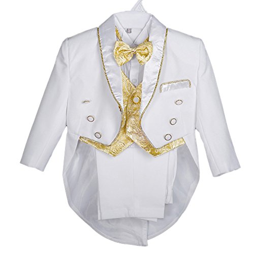 Dressy Daisy Baby Boys' Jacquard Waistcoat 5 Pieces Formal Tuxedo Suit With Tail Baptism Christening Outfit Size 2-3 Years White Gold
