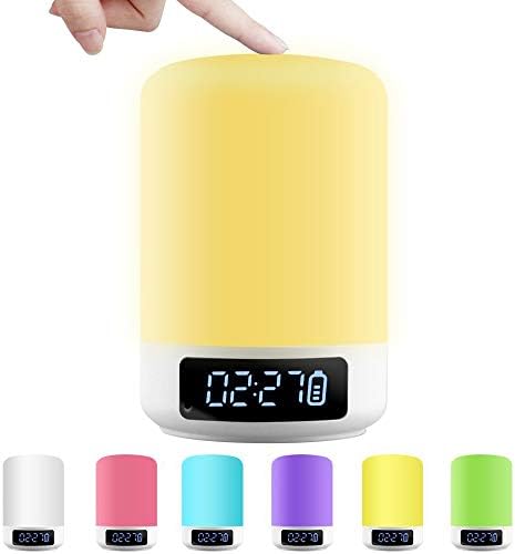 Bluetooth Speaker Nightlight Alarm Clock LED Bedside Lamp Wake Up Light, Dimmable Touch Table Lamp Digital Clock Wireless Portable Speaker with Color Changing Light, Ideal for Kids,Bedroom, Camping