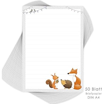  Briefpapier für Kinder "WALDTIERE", 50 Blatt DIN A4 mit Linien Illustration 