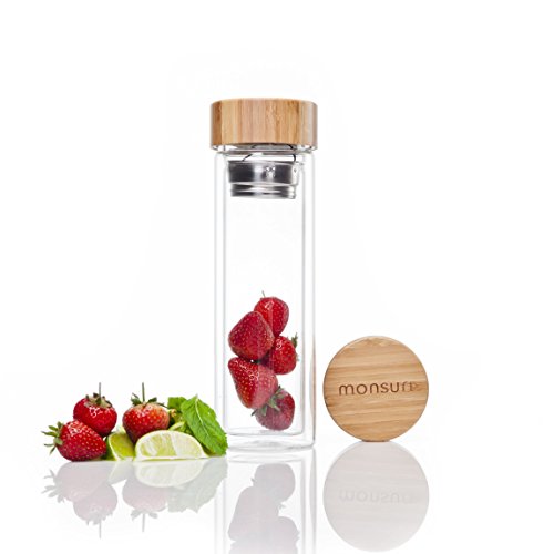 Monsuri 450ml doppelwandige infuser Trinkflasche glas für Tee Aufguss und Frucht infundiert Wasser mit einem Bambusholz-Deckel, einer Neopren Schutzhülle und einem einzigartigen, trennbaren 2 in 1 Edelstahl-Sieb. Tragbare, kompakte und wiederbefüllbare Isolierflasche, Teebereiter to go, Thermobecher mit teesieb, Infusion Bottle, groß tee-glas, Teekanne für losen Blatt-Tee, Früchtetee, ätherisches Öl, Eistee, Kaffee, einen Smoothie, oder eine Detox-Diät - 8