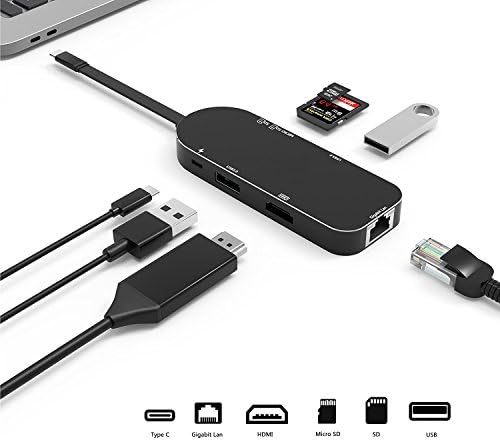 USB C Hub, Type C USB 3.0 to USB-C 4K HDMI Adapter, with Type C 3.1 Charging Port, 4K HDMI Output, Card Reader, 2 USB 3.0, and Hi-Speed Ethernet port Ports for MacBook Pro 2017/2016, Google Chromebook (black)