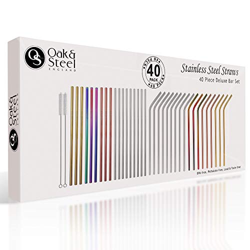 Oak & Steel 40 Pzs| 36 Pajitas Reutilizables de Acero Inoxidable Metal de Colores (Dobladas y Rectas) & 4 Cepillos de Limpieza| Ecológico No Tóxico Sin Sabor Metálico y Apto para Lavavajillas