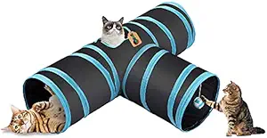 DreamAuro Collapsible Cat Tunnel Tube Kitty Tunnel Bored Cat Pet Toys Peek Hole Toy Ball Cat, Puppy, Kitty, Kitten, Rabbit, Guinea Pig (Blue)