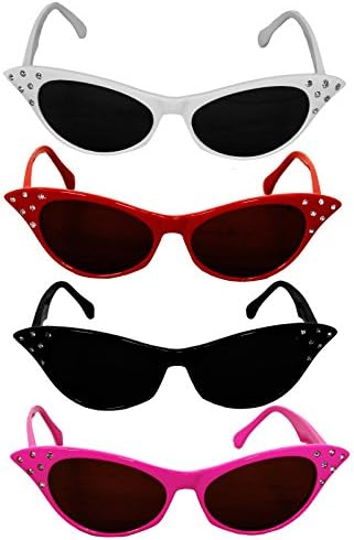 Ladies 50s Sunglasses - Black Cat-Eye Sunglasses with Diamante Detailing - Rock and Roll 1950s Fancy Dress Accessory - Pack Of 1
