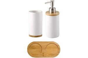 ARMINZANG Ceramic Soap Dispenser and Mouth Cup Bathroom Accessory Set Toothpaste Toothbrush Holder Lotion Bottle with Bamboo Storage Board (Soap Dispenser+Cup)