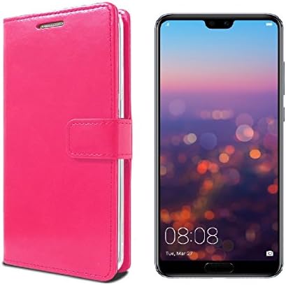 Huawei P20 Case PU Leather Wallet Book Style Side Flip Cover Pouch with Card and Money Pockets, Side Stand Magnetic Strap Office case for Huawei P 20 (Pink)