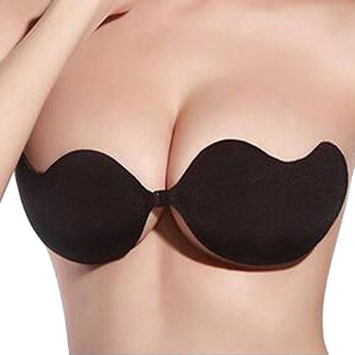 Woboren Womens Ladies Sexy Reusable Invisible Magic Strapless Self Adhesive Push-up Bra Stick On Gel Backless Silicone Bras (E, Mango Black)