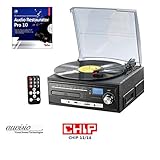 Super-Kompakt-Anlage mit MP3-Encoder und -Player auf / von USB-Stick und SD(HC)-Karte bis 32 GB (bitte dazu bestellen) • MP3-Aufnahmen direkt von Schallplatte, Kassette, Radio und AUX • AUX-in (3,5-mm-Klinkenbuchse) für Musik-Wiedergabe von externen Audio-Playern