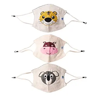 One For Blue Kids Cotton Super Soft 3 Layer Face Masks with Nose Clip and Loop Adjusters (Tiger, Koala, Hippo)