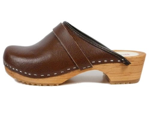 Men's / Women's Unisex Natural Leather / Wooden Plain Design Clogs in Brown, Size 36