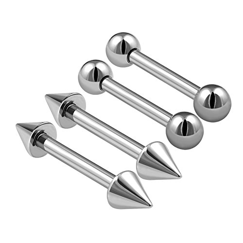KJM FASHION4PCS Surgical Steel Barbell Earrings 16 gauge 6mm 8mm 10mm 3mm Ball Spike Lobe Eyebrow Piercing Jewellery Choose Sizes