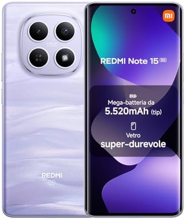 XIAOMI REDMI Note 15 5G, Smartphone 8+512GB, Design ultrasottile, Resistenza IP65, Fotocamera super nitida da 108 MP, Display FHD+ da 6,77", Viola Nebbia, Garanzia 2 anni, Caricatore non incluso