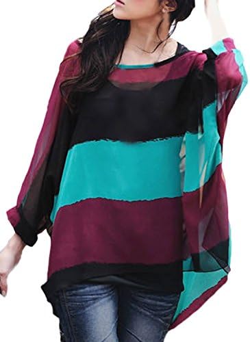 QQI Women Batwing Sleeve Loose Shirt Casual Tops Boho Style Beach Bikini Cover Up Chiffon Kimono Coverups Womens Cardigan Swimwear Beachwear Beach Dress Tops Blouse (color17)