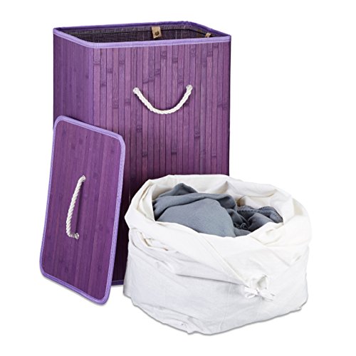 Relaxdays Wäschekorb Bambus HxBxT: ca. 65,5 x 43,5 x 33,5 cm faltbare Wäschetruhe rechteckig mit einem Fassungsvolumen von 83 L mit Wäschesack aus Baumwolle zum Herausnehmen als Wäschepuff, violett - 3