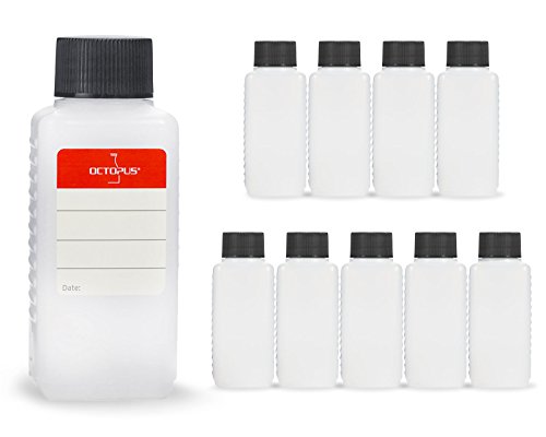 10 botellas de plástico de Octopus de 100 ml, botellas de plástico de HDPE con negro tapones de rosca, botellas vacías con tapas de negro rosca, botellas rectangulares con 10 etiquetas para marcar
