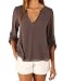Dragonpad Women's V-Neck Button Detail Dip Back Solid Blouse Top Shirts Coffee XL