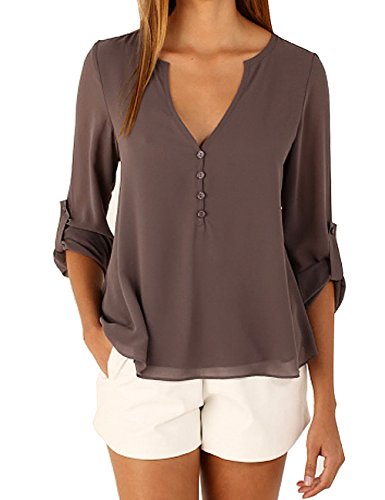 Dragonpad Women's V-Neck Button Detail Dip Back Solid Blouse Top Shirts Coffee XL