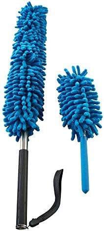 Set of feather dusters, with a telescopic handle and flexible heads, blue