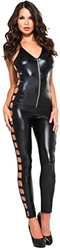 Mirlun Women Black Catsuit Patent leather Bodysuit Wet Look Jumpsuit , m