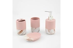 Bargain Shack Durable 4pcs Marble Bathroom Set, Vanity Countertop organizer, Contemporary Accessories set, Tooth Brush Holder, Soap Dispenser, Soap Dish & Tumbler. (Pink)