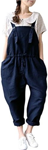 Hmeng Women's Plus Size Linen Overalls Baggy Adjustable Strap Sleeveless Jumpsuits Casual Loose Wide Leg Dungarees Rompers (XXXL, Blue)
