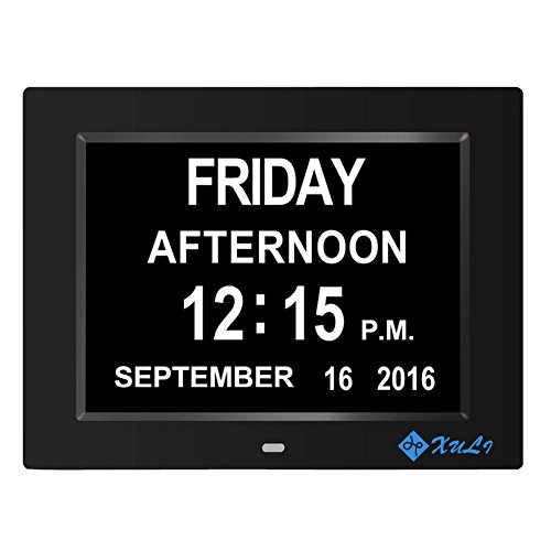 Digitaler Kalender Tag Uhr mit Nicht Abkürzungen Tag & Monat - Aufgerüstet - 8 Zoll XULI® Digital Kalender Wecker- (schwarz)