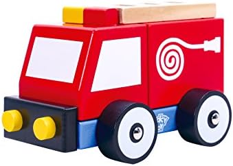Tooky Toys Fire Engine Toy, Wooden Fire Truck for Kids, Stackable Car Playset, Emergency Rescue Vehicle for Toddler