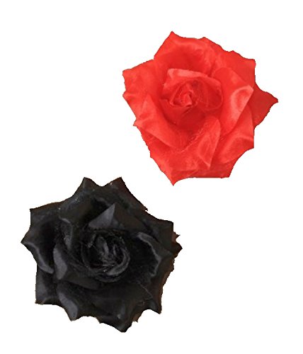 1 Pair of Large Fabric Carmen Roses Flamenco Dancer Hair Clip Slide in Crimson Red and Black