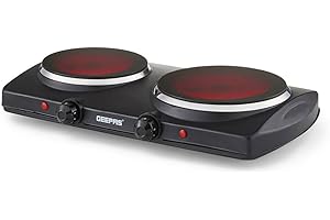 Geepas Double Ceramic Hot Plate – Portable Infrared Electric Hob Cooker - Double Burner Camping Hob Cooktop, Dual Adjustable Temperature, Overheat - Great to use at Campsites Caravan - 2000W, Black